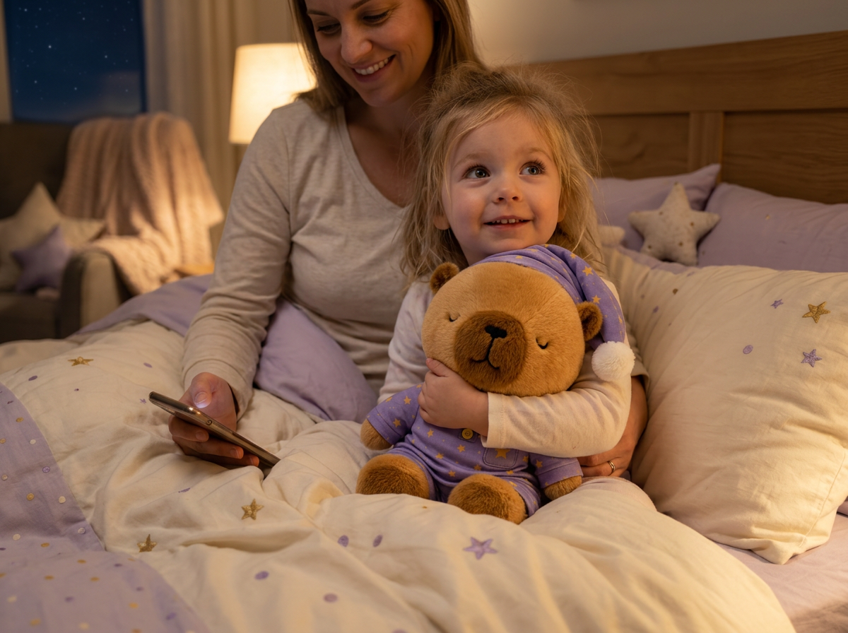 A parent reading tonight's adventure while a delighted child hugs SleepyCapi in bed