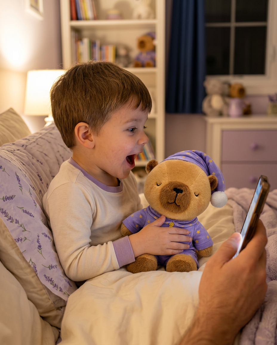 A child turning to SleepyCapi in delighted surprise during a bedtime story