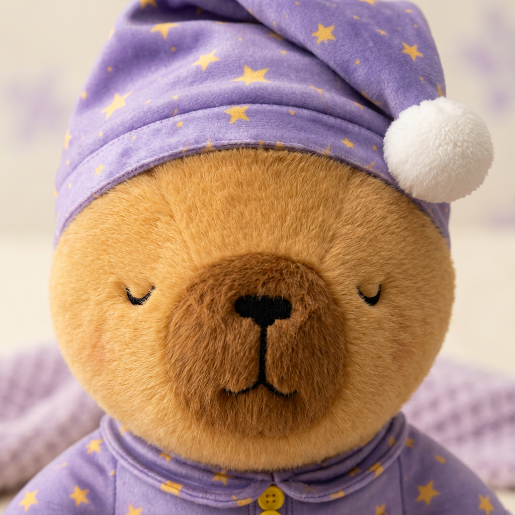 Close-up of SleepyCapi's soft face, star pajamas and nightcap