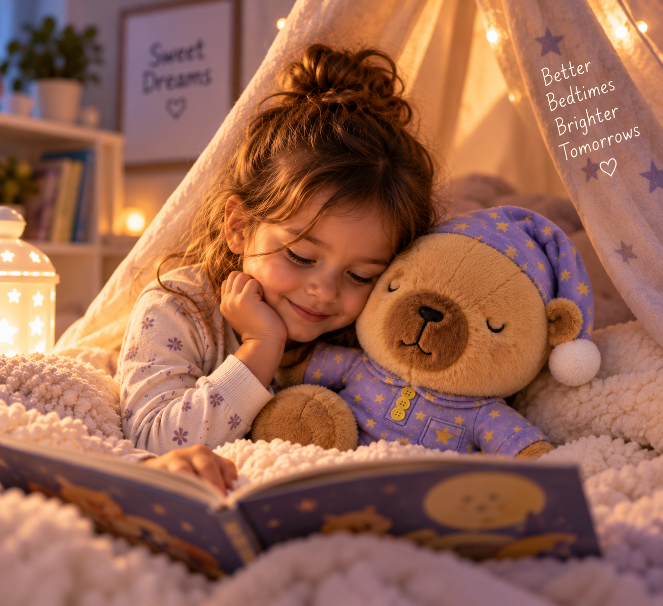A child cuddling SleepyCapi in a cozy blanket tent